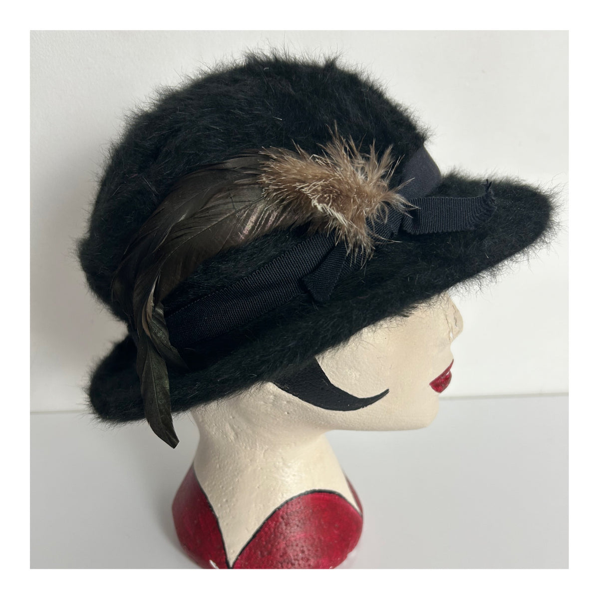 Vintage Black Soft Angora Wool Feather Detail Trilby Style Hat