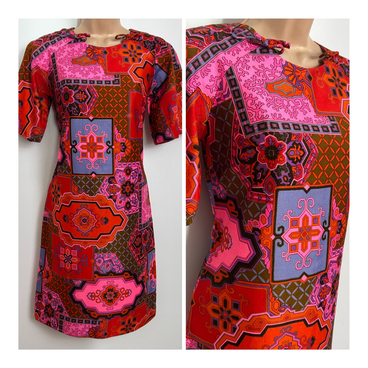 Vintage Late 1960s BJ'S Fashions Honolulu Size 6-8 Red Pink Orange & Blue Psychedelic Geo Print Mod Shift Dress
