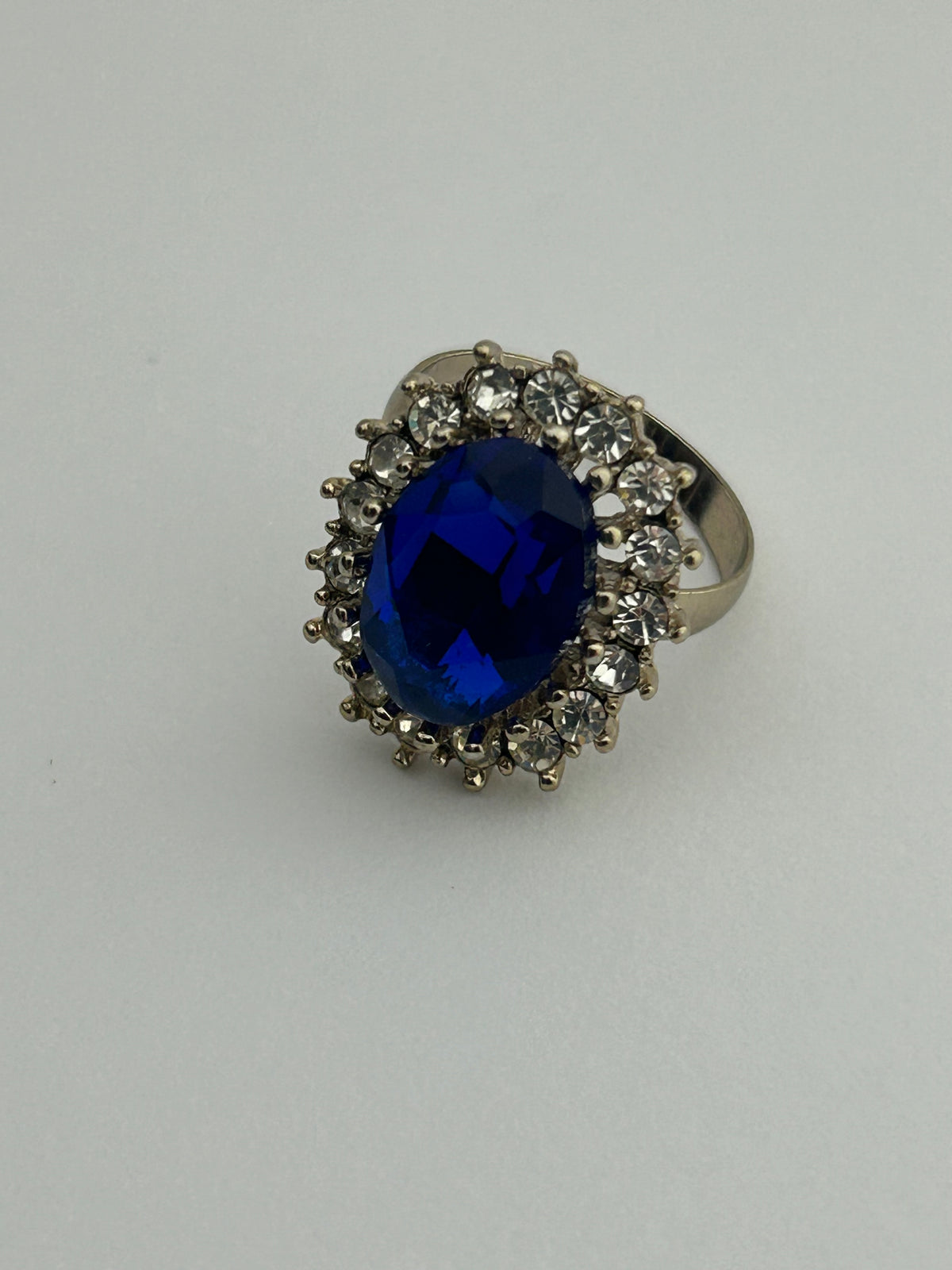 Vintage Blue Glass & Diamante Rhinestone Set Cocktail Ring Size P