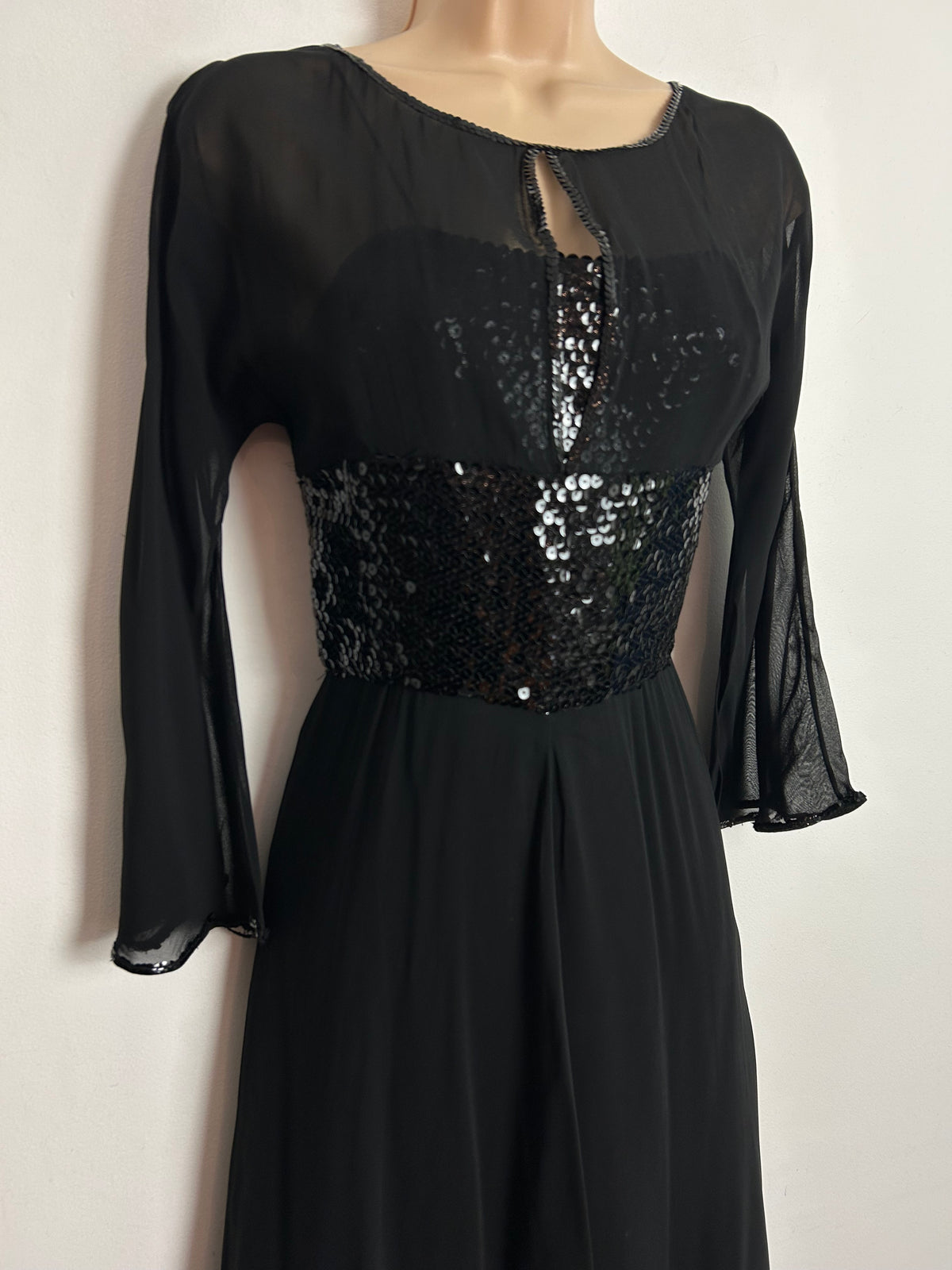 Vintage 1970s UK Size 6 Black Sequin Embellished Illusion Neck Evening Dress