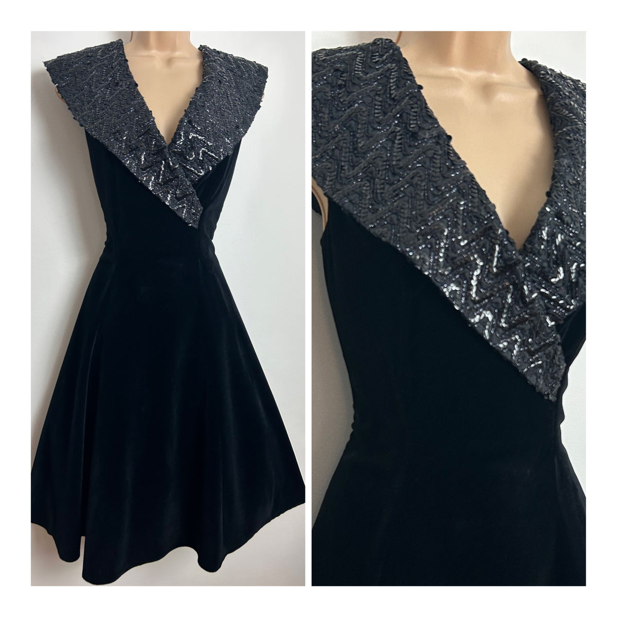 Vintage 1980s Size 10 Black Velvet Sequin & Bead Embellished Shawl Collar Part Prom Evening Dress