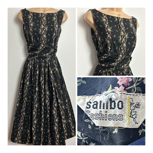 Vintage 1950s SAMUEL SHERMAN "SAMBO" FASHIONS Size 8 Black Pink & Green Floral Print Cotton Dress