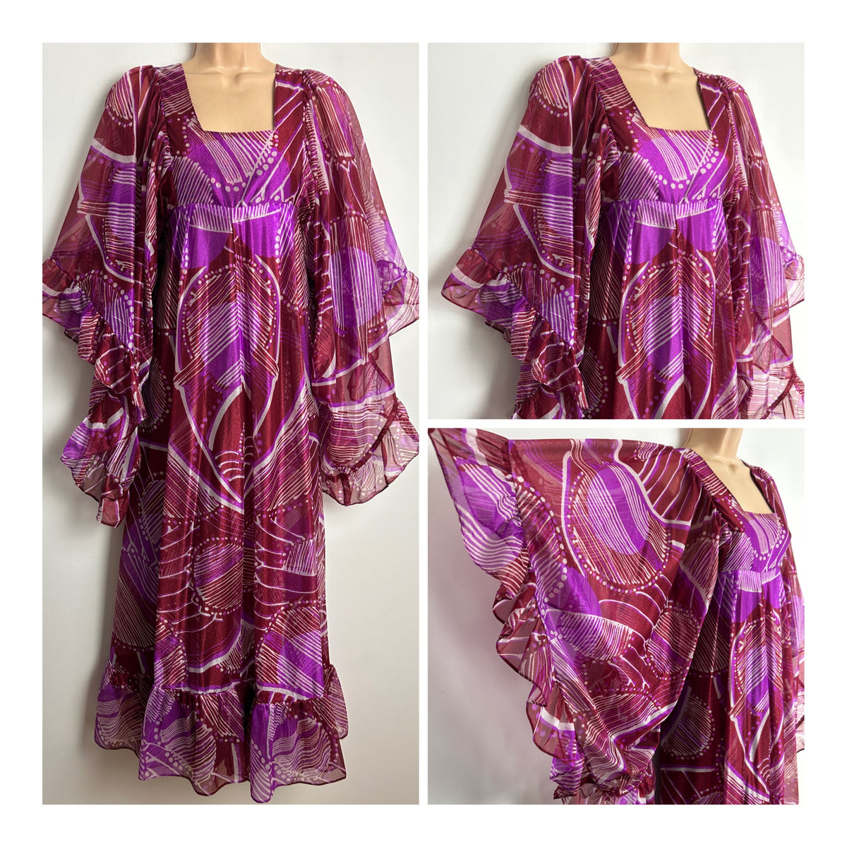 Vintage 1970s Size 10 Plum & Purple Abstract Pattern Nylon Very Wide Angel Sleeve Maxi Dress