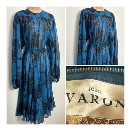 Vintage 1960s JEAN VARON Size 8 Midnight Blue & Black Flora Print Belted Balloon Sleeve Midi Dress