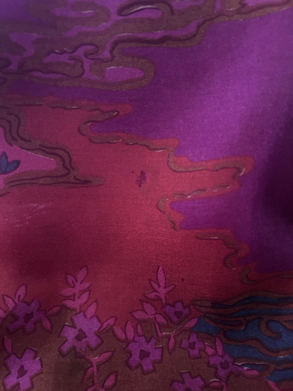 Vintage Early 1970s JOHN NEVILLE Size 16 Pink & Purple Tones Japanese Blossom & Pagoda Print Flared Cuff Maxi Dress