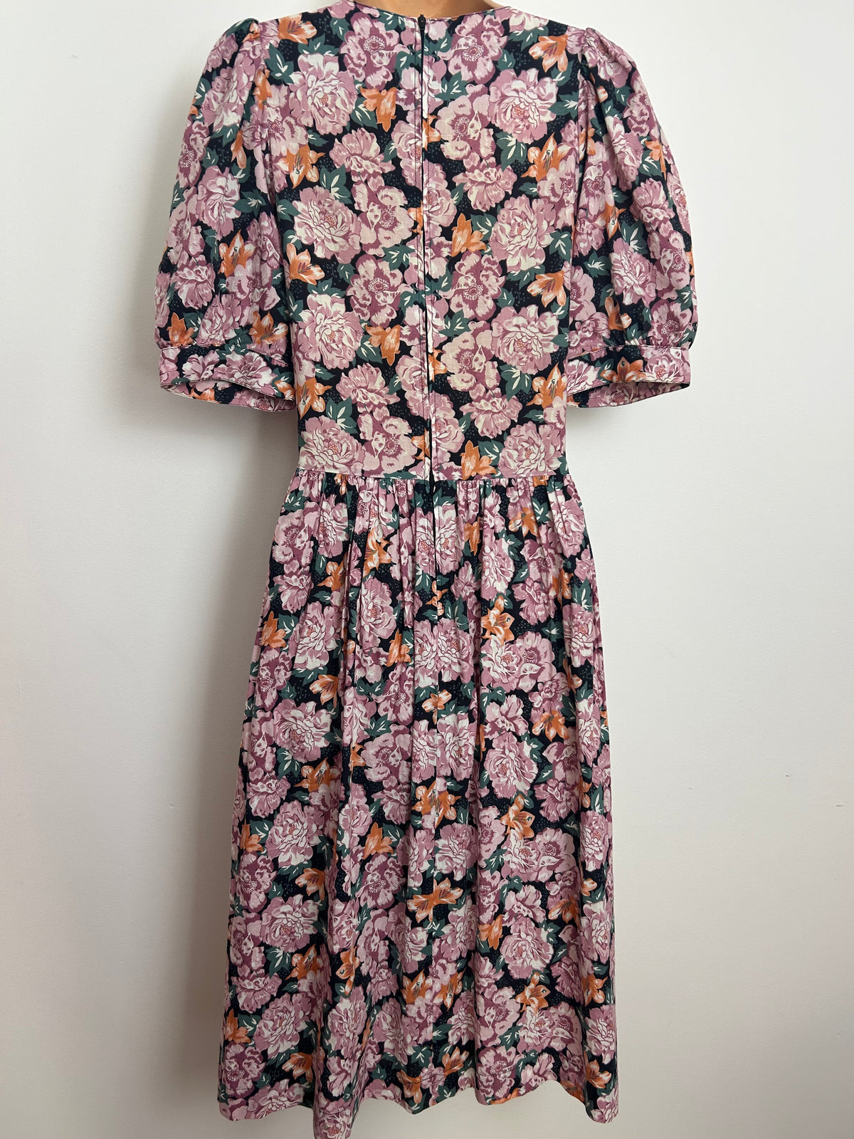 Vintage 1980s LAURA ASHLEY Size 10 Dusky Pink Orange & Green Floral Cotton Tea Dress
