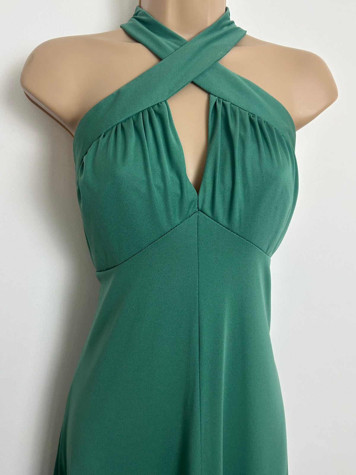 Vintage 1970s PENNY MIST Size 10-12 Green Cross Strap Halterneck Maxi Dress