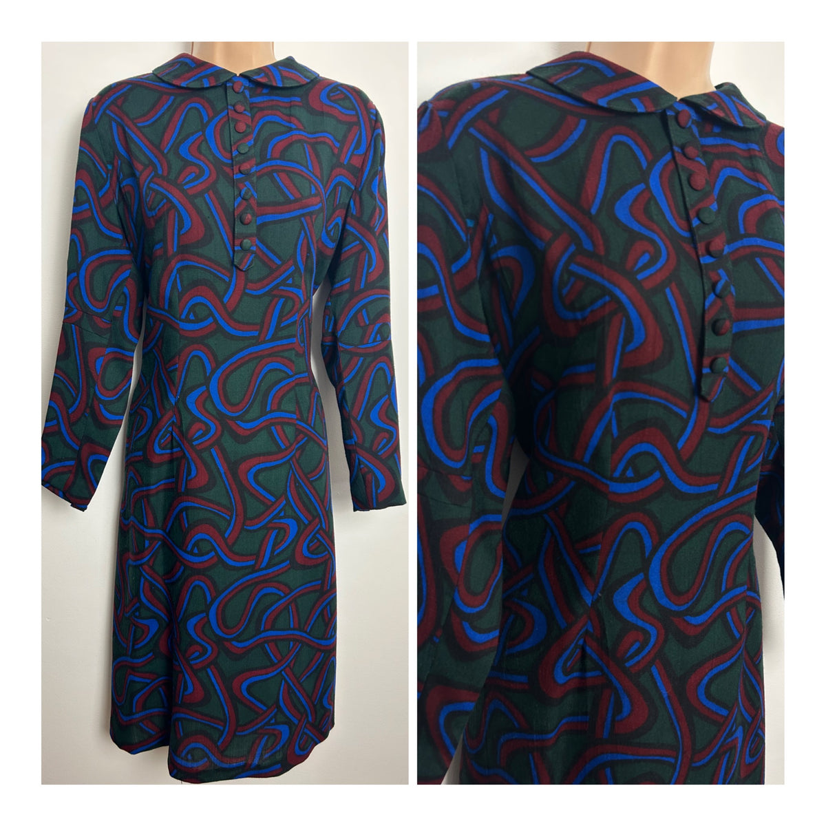 Vintage 1960s Size 14 Dark Green Red & Blue Swirly Stripe Print 3/4 Sleeve Shift Dress