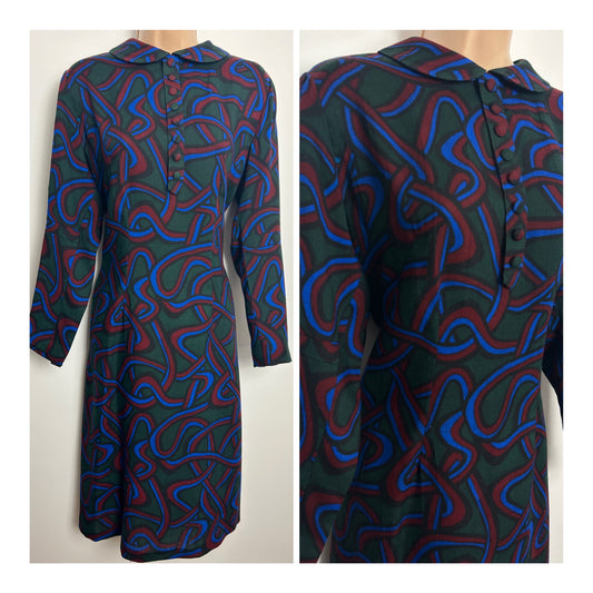 Vintage 1960s Size 14 Dark Green Red & Blue Swirly Stripe Print 3/4 Sleeve Shift Dress