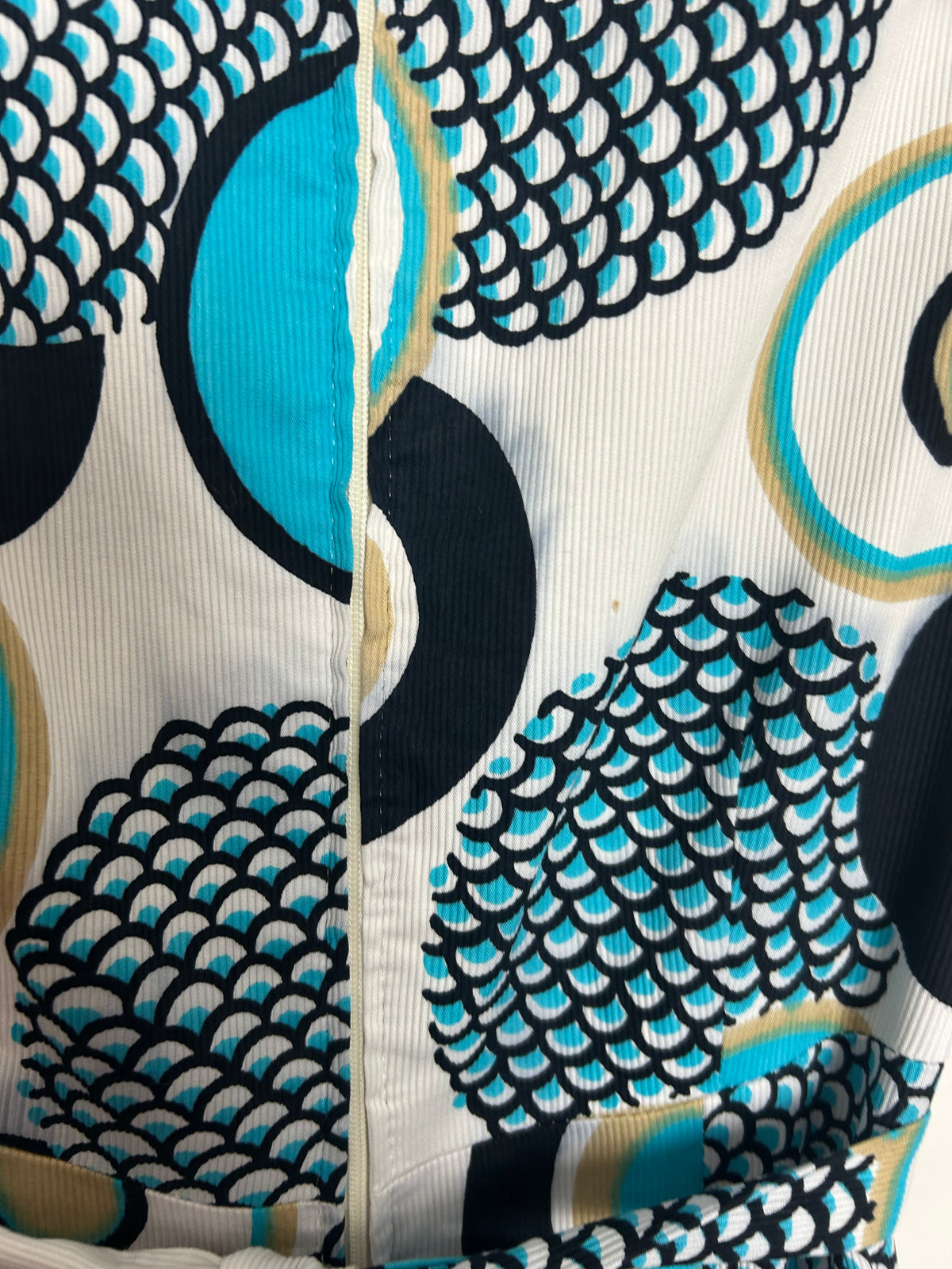 Vintage 1960s CANDA INTERNATIONAL Size 6 White Black Turquoise & Mocha Abstract Print Mini Mod Dress