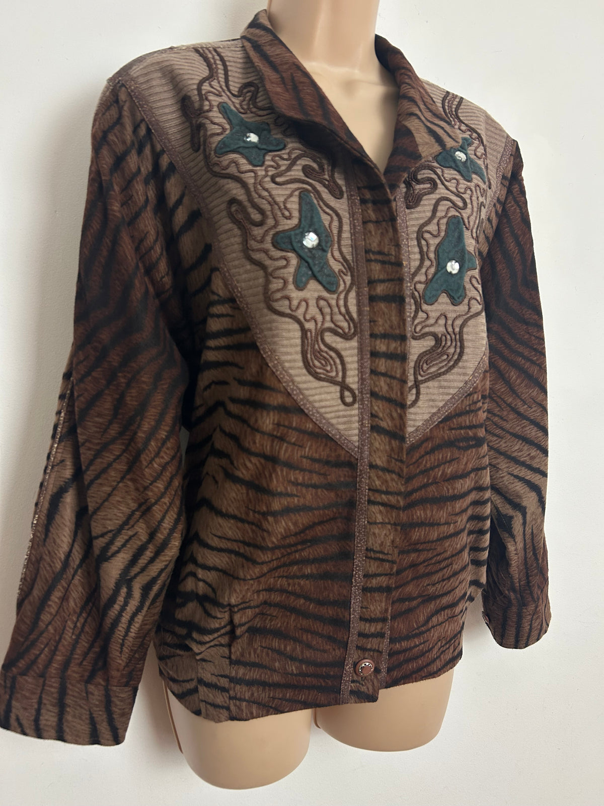 Vintage 1980s Size 12-14 Brown & Black Tiger Stripe Animal Print Braid & Applique Bomber Style Jacket