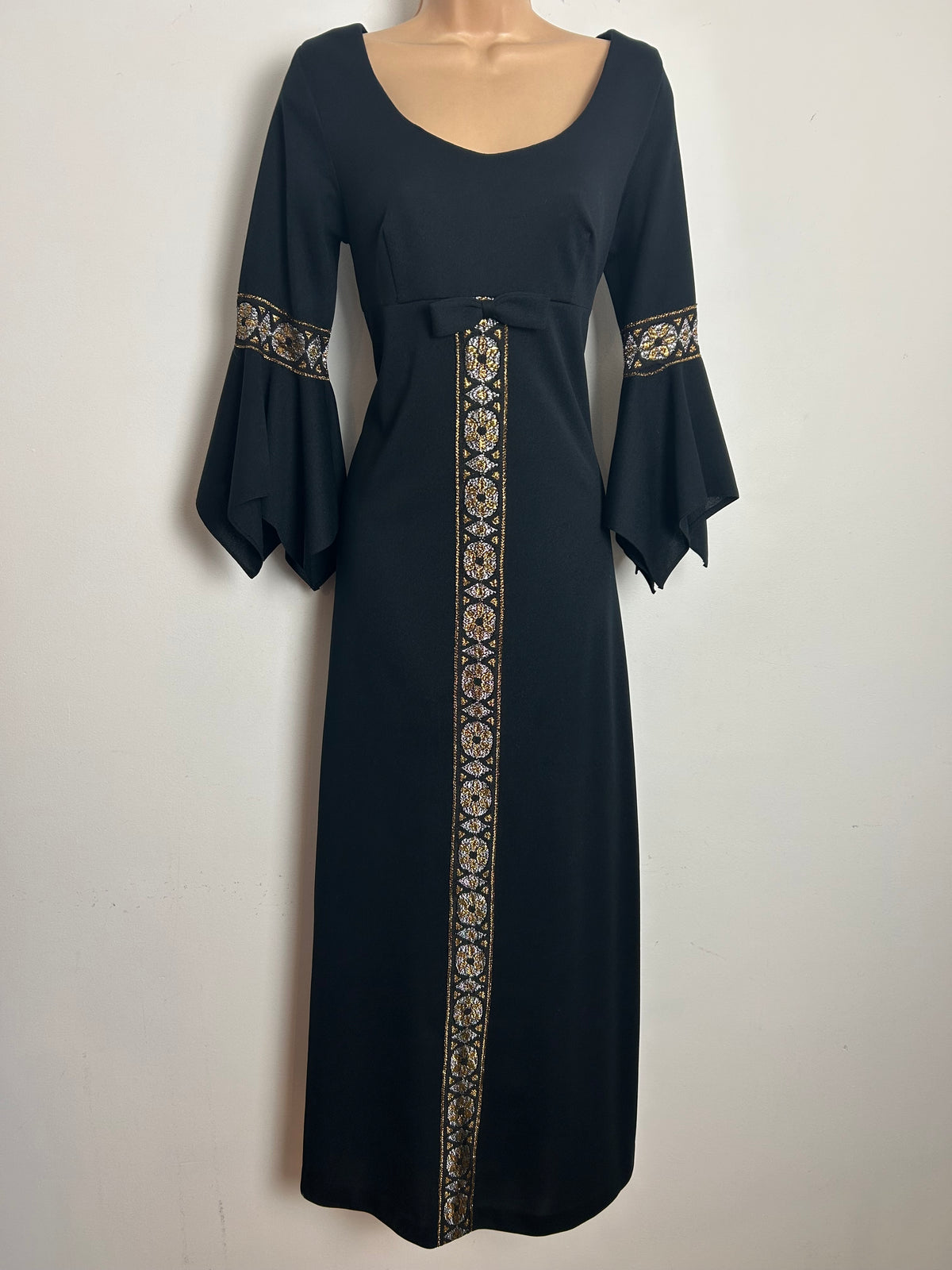 Vintage 1970s Size 8 Black & Metallic Gold & Silver Detail Flared Cuff Evening Maxi Dress