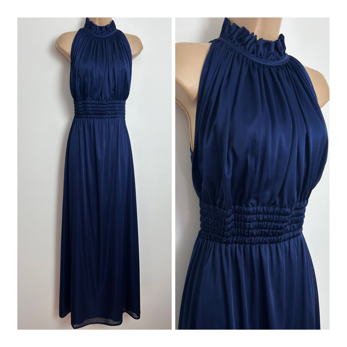 Vintage 1980s HOFFMAN Size 10 Navy Blue Sleeveless Shirred Waist Occasion Evening Maxi Dress