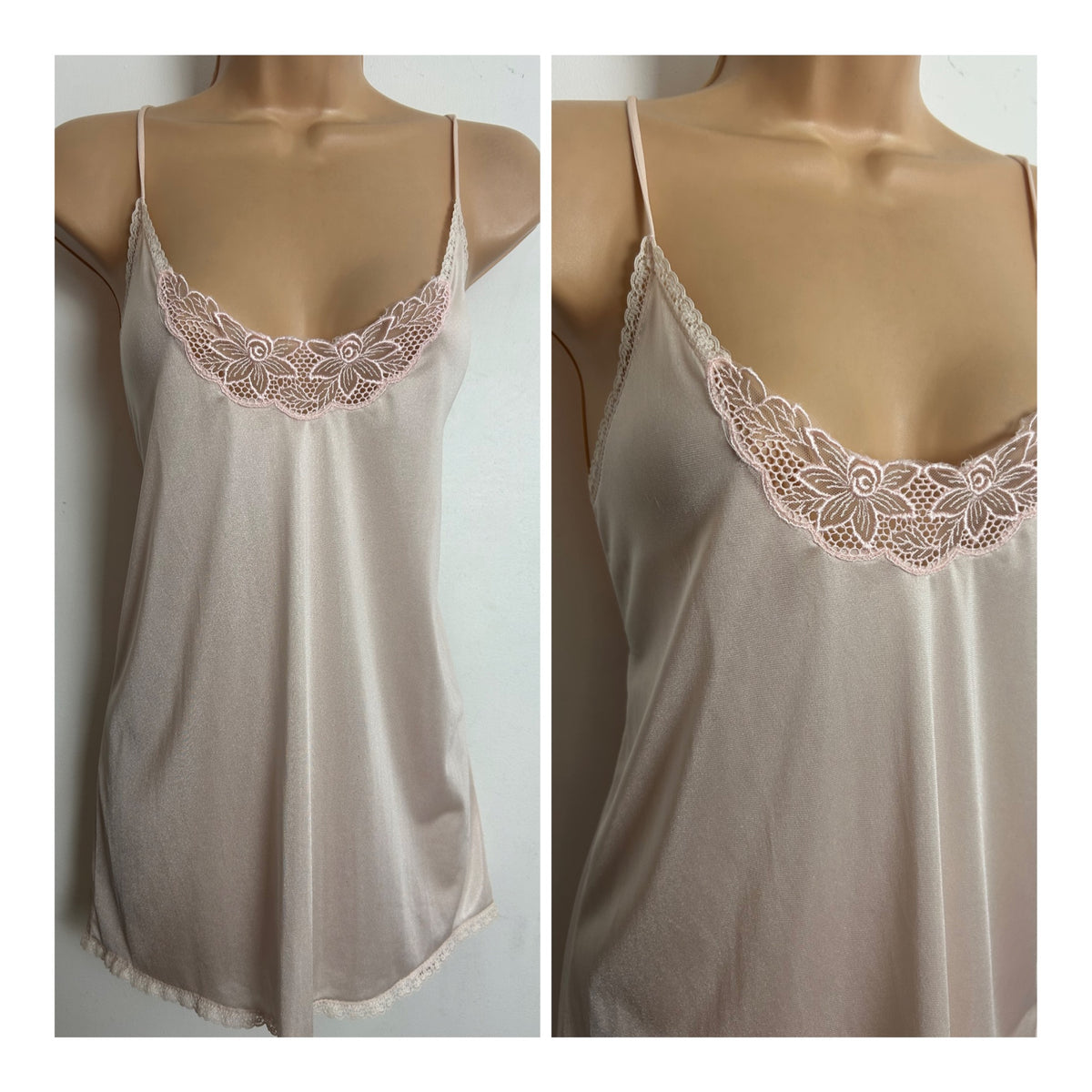 Vintage 1970s NICOLETTE Size 12 Pale Pink Nylon Lace Trim Camisole Slip