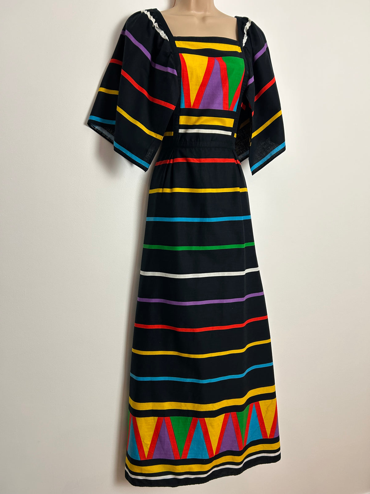 Vintage 1970s BETTY BARCLAY UK Size 8 Black Multicolour Stripe Print Hanky Sleeve Tie Back Cotton Maxi Dress