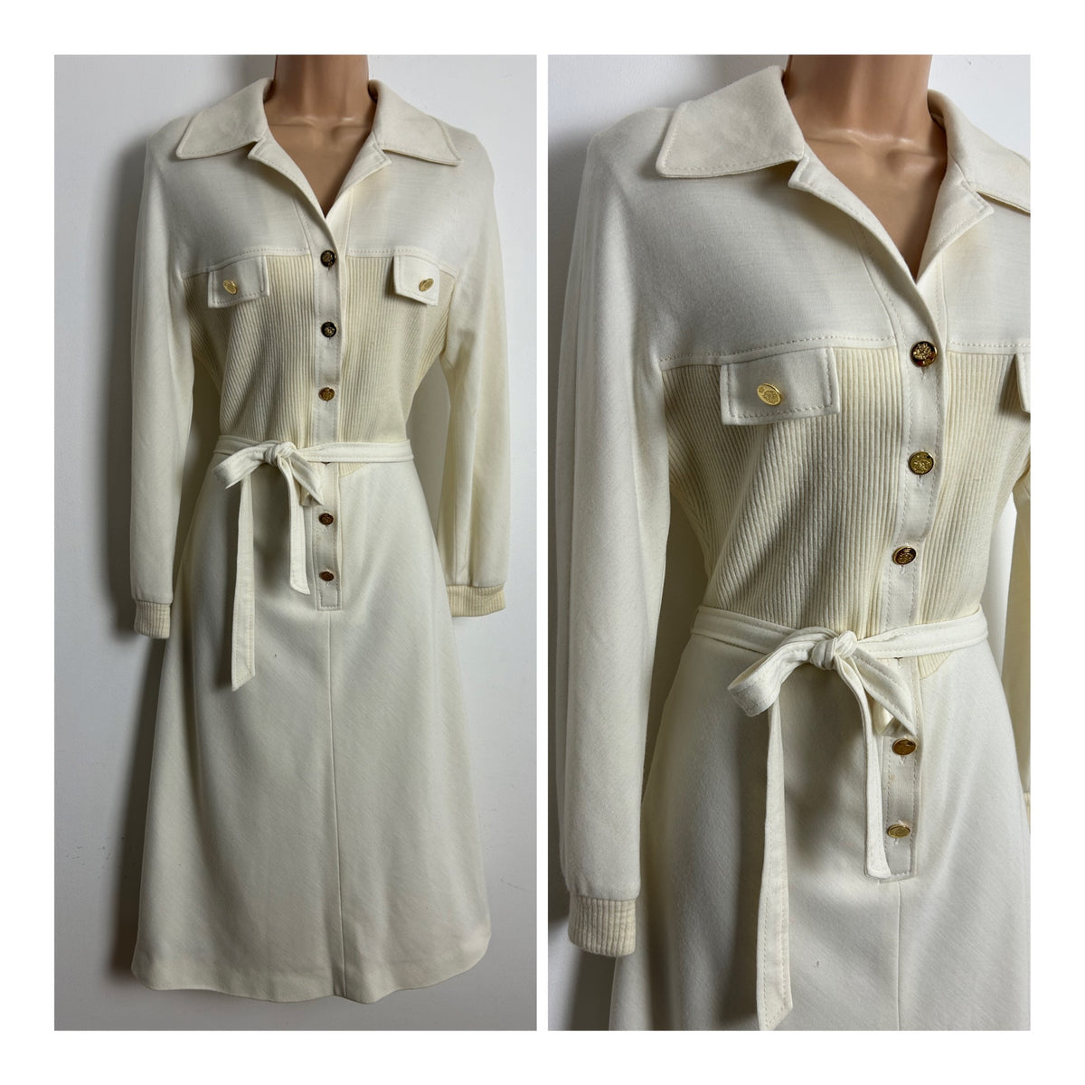 Vintage 1970s Size 12 Cream Ribbed Pocket Detail 100% Pure Wool Belted Mod Day Dress