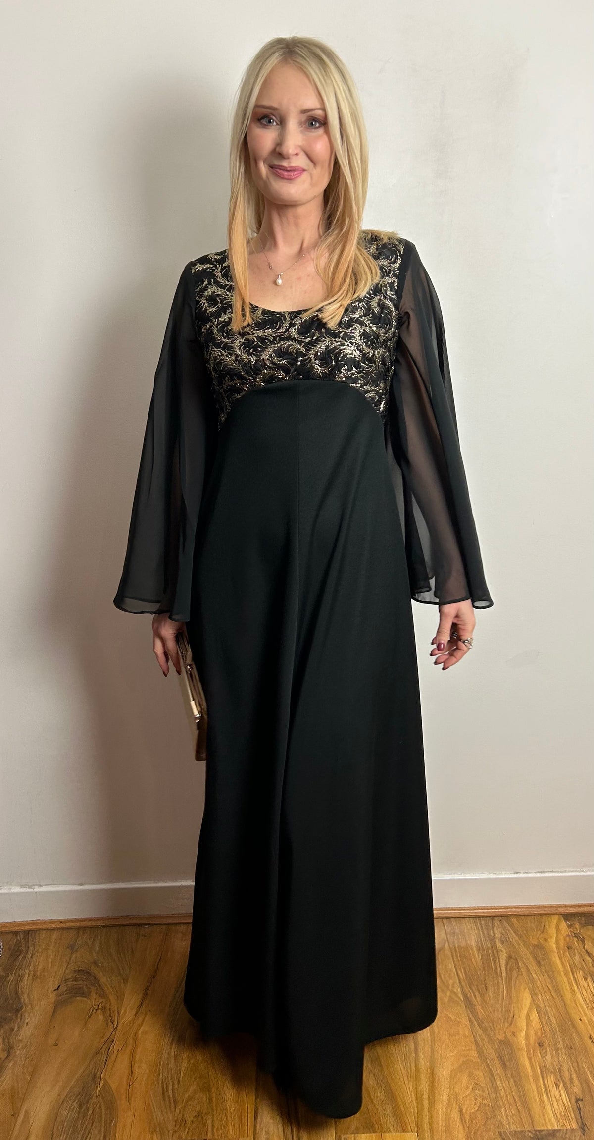 Vintage 1970s UK Size 8 Black & Metallic Gold Flared Sleeve Xmas Party Occasion Evening Maxi Dress