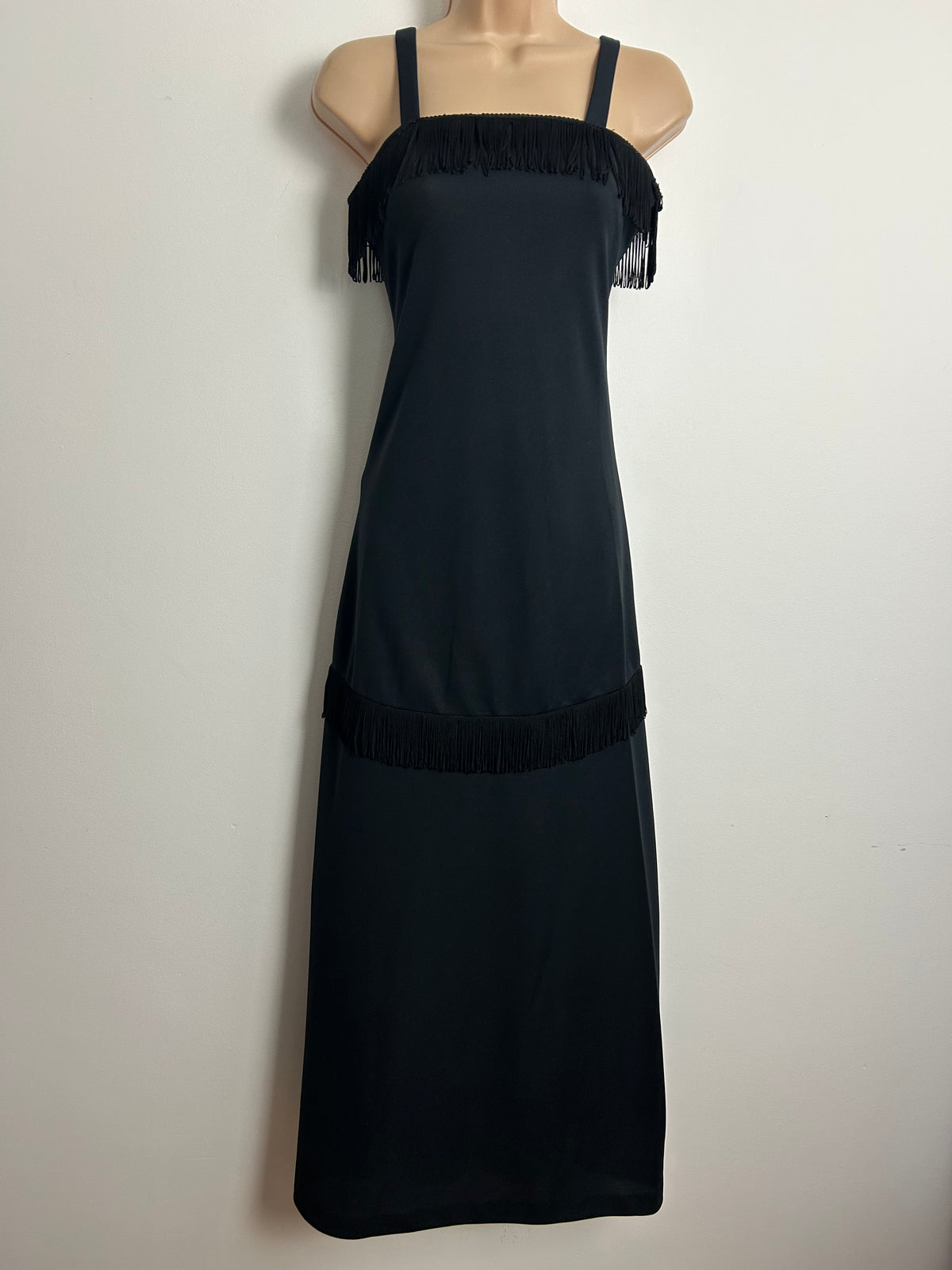 Vintage 1970s C&A Size 6 Black Fringing Detail Strappy Evening Maxi Dress
