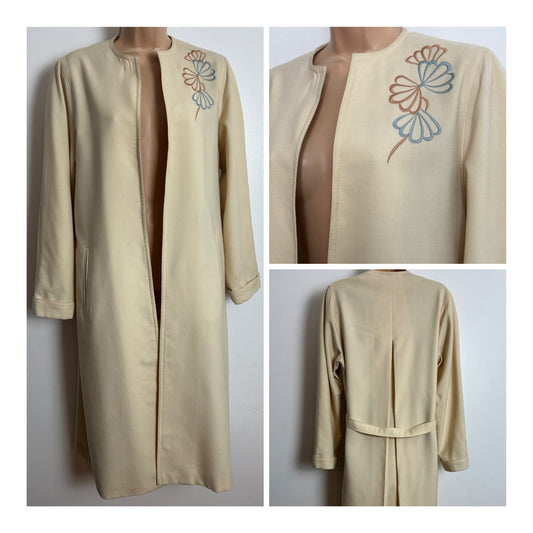 Vintage Early 1970s MANSFIELD (HARRODS) Size 12-14 Cream Floral Embroidered Open Fronted Pure New Wool Duster Jacket