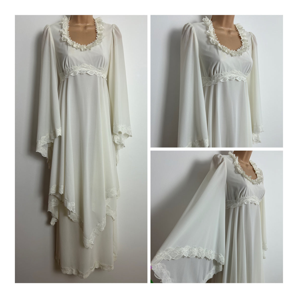 Vintage 1970s MARMENTS OF CARDIFF Size 6 White Lace Trim Ethereal Layered Trumpet Sleeve Boho Maxi Dress