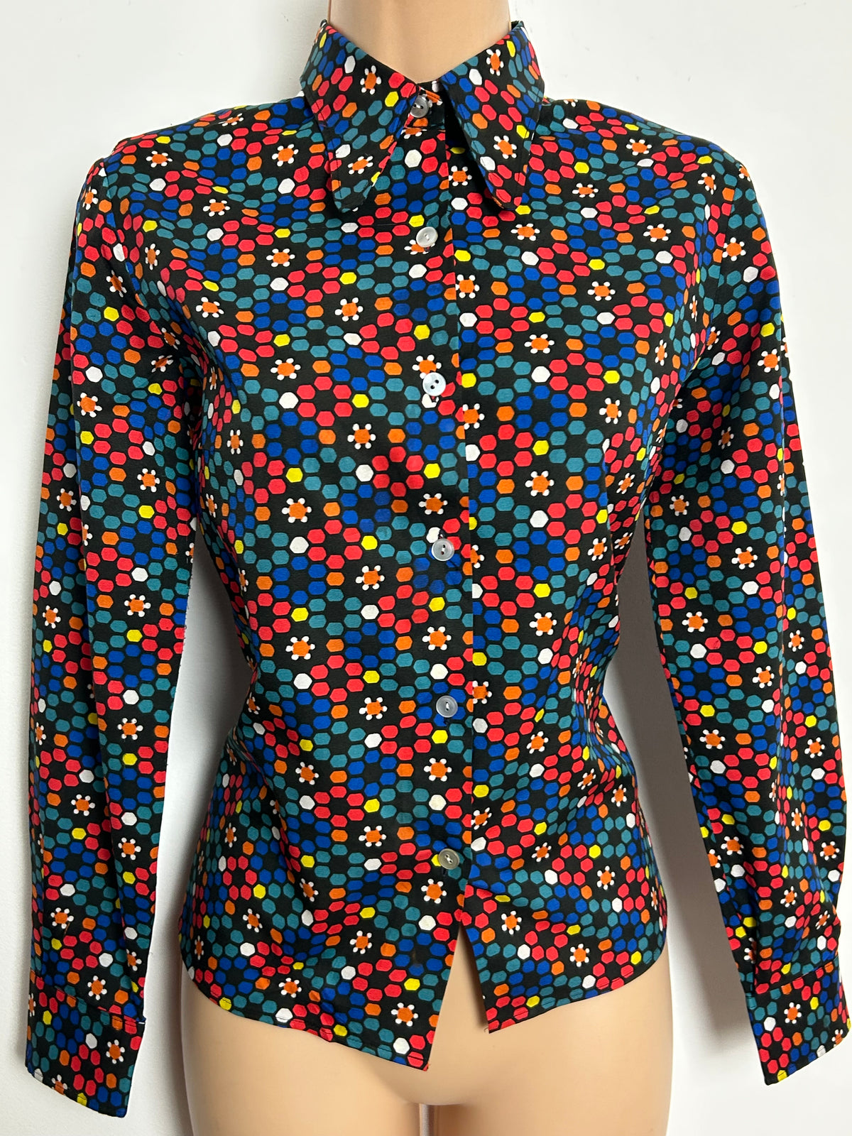 Vintage 1970s PARISIAN Size 8-10 Black Multicolour Abstract Print Beagle Collar Shirt
