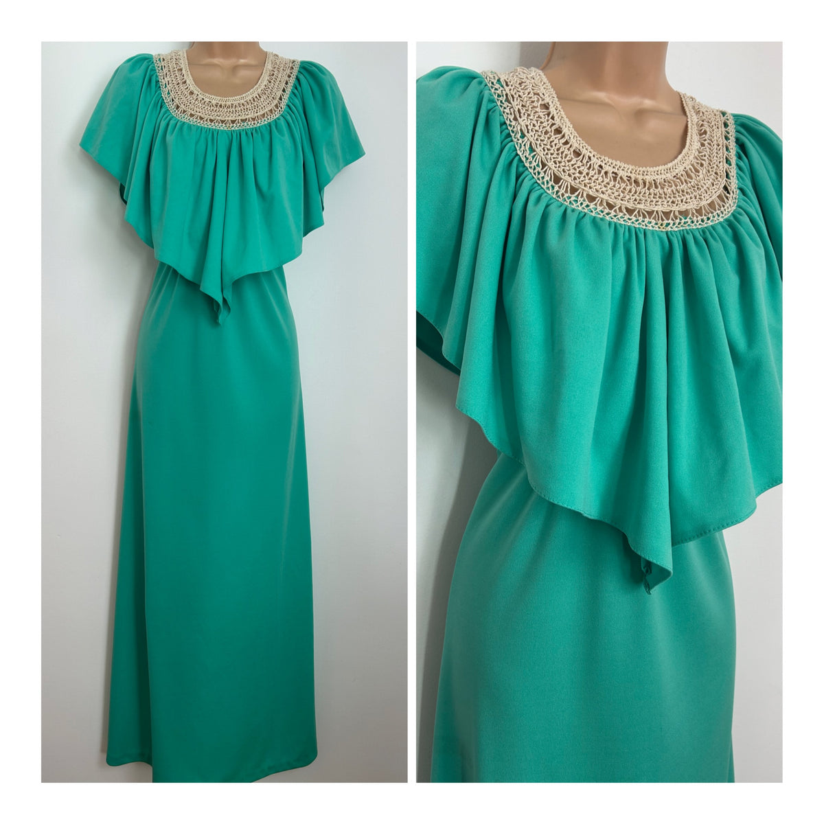 Vintage 1970s Size 12 Seafoam Green Lace Neck Panel Capelet Boho Maxi Dress