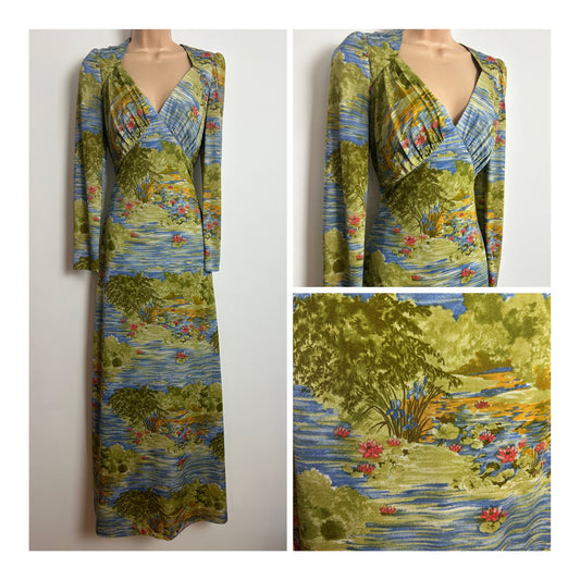 Vintage 1970s Size 10 Green Blue & Orange Stylised River Bank Scene Print Long Sleeve Maxi Dress