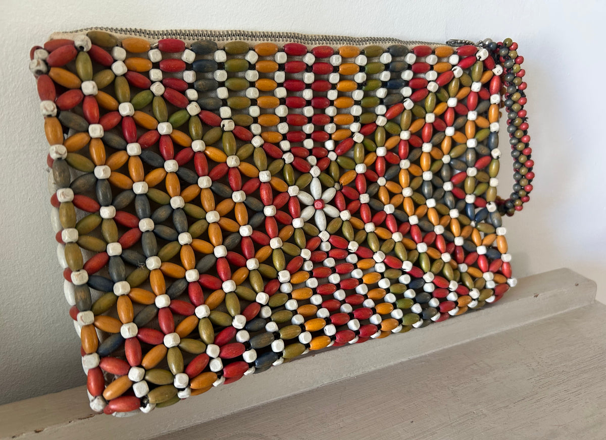 Vintage 1930s Art Deco Made In Czechoslovakia Multicolour Wooden Bead Bag With Wrist Strap