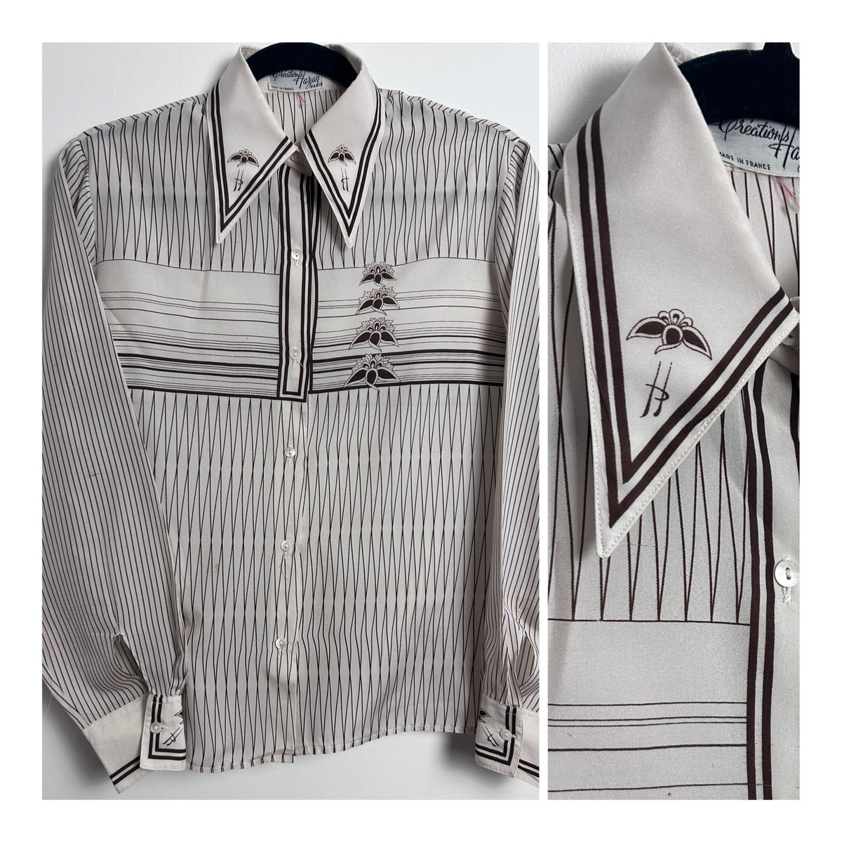 Vintage 1970s CREATIONS HAZAH UK Size 14 Off White & Brown Stripe & Leaf Print Dagger Collar Long Sleeve Shirt