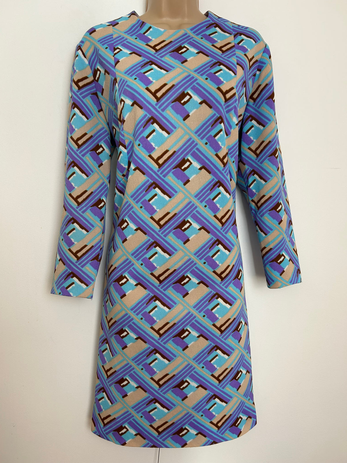 Vintage 1960s Size 14 Purple Blue Beige & Brown Abstract Print 3/4 Sleeve Mod Shift Dress