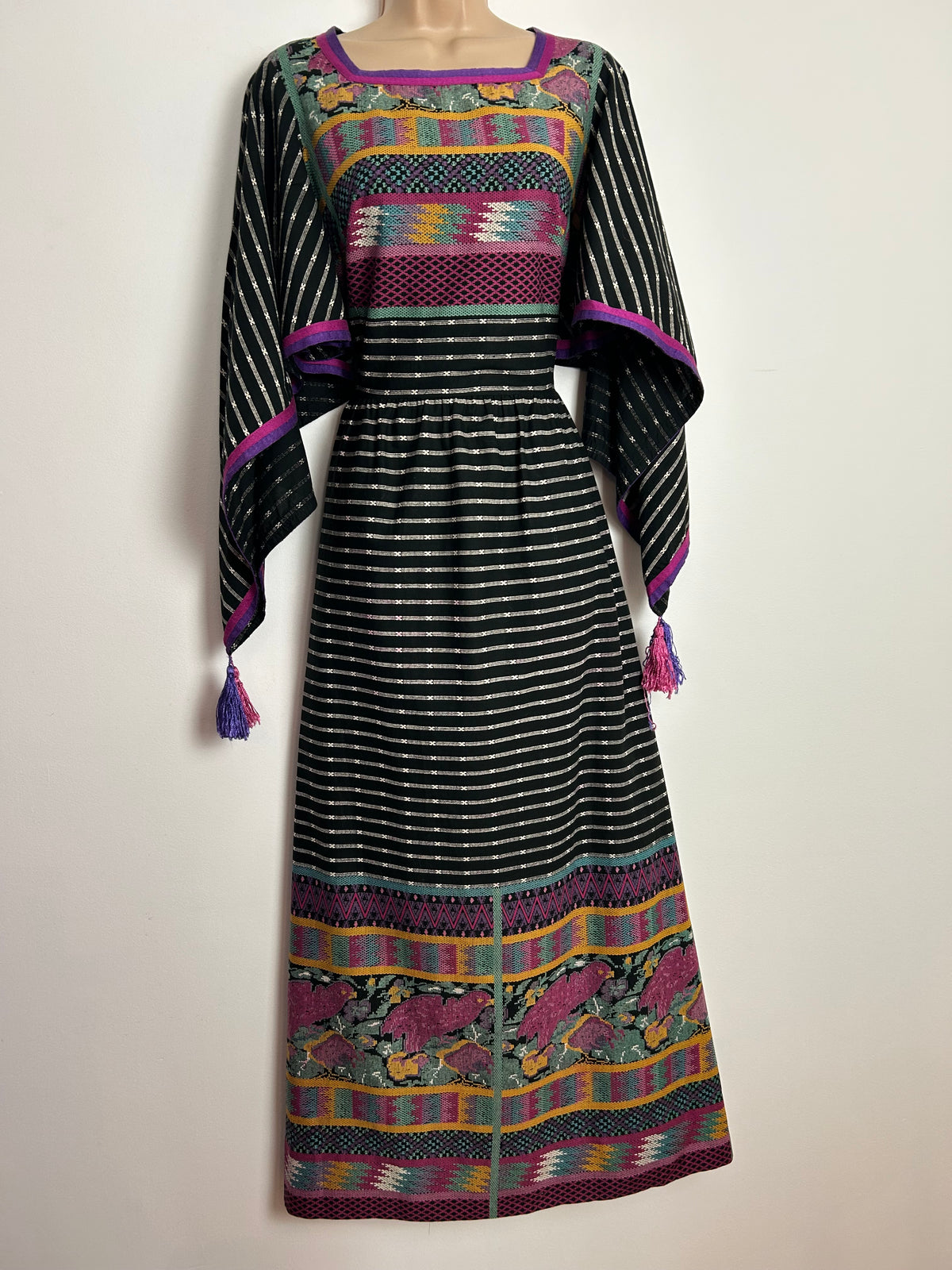 Vintage 1970s LUCIE LINDEN Size 8 Black White Green & Dark Yellow Cotton Pointed Tassel Sleeve Boho Maxi Dress