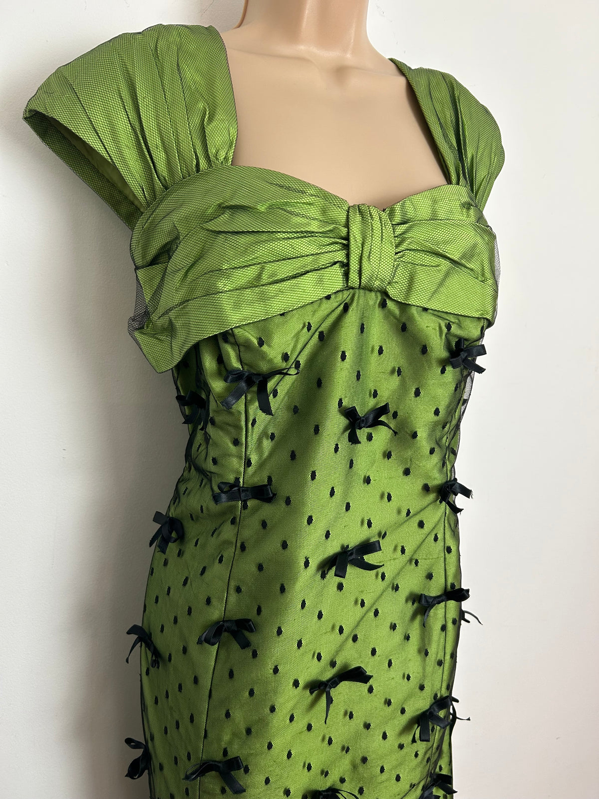 Vintage Late 1950s Size 12 Green & Black Polka Dot Mesh Bow Detail Occasion Evening Ballgown
