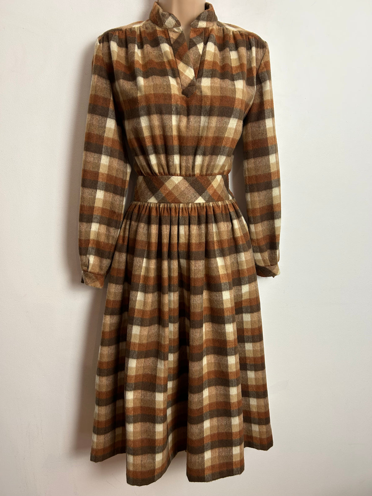 Vintage Late 1970s UK Size 10 Brown & Beige Tones Check Pattern Wool Mix Long Sleeve Dress