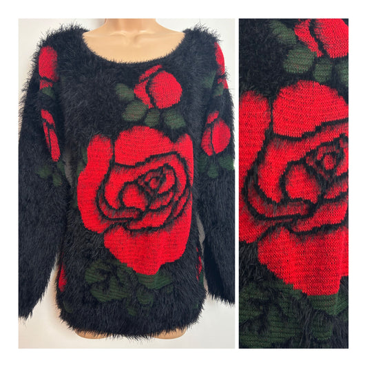 AMY VERMONT Size 10-12 Black & Red Floral Super Soft Fluffy Jumper