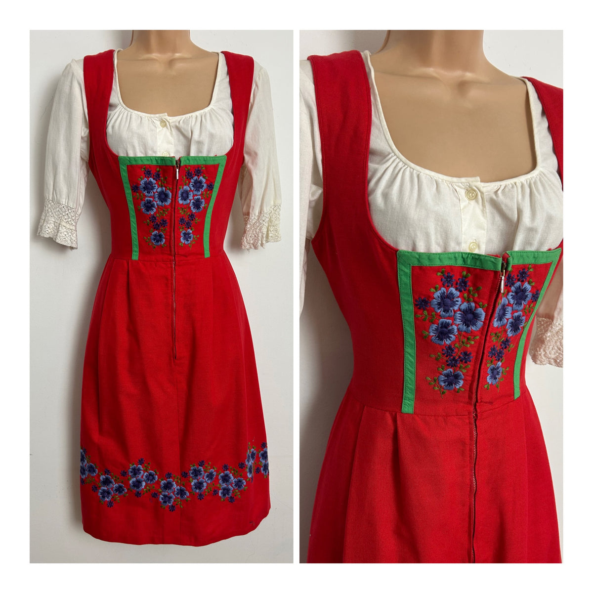 Vintage HELLER SALZBURGER TRACHTEN Size 10 Red Cotton Edelweiss Embroidered Traditional Folk Dirndl Dress