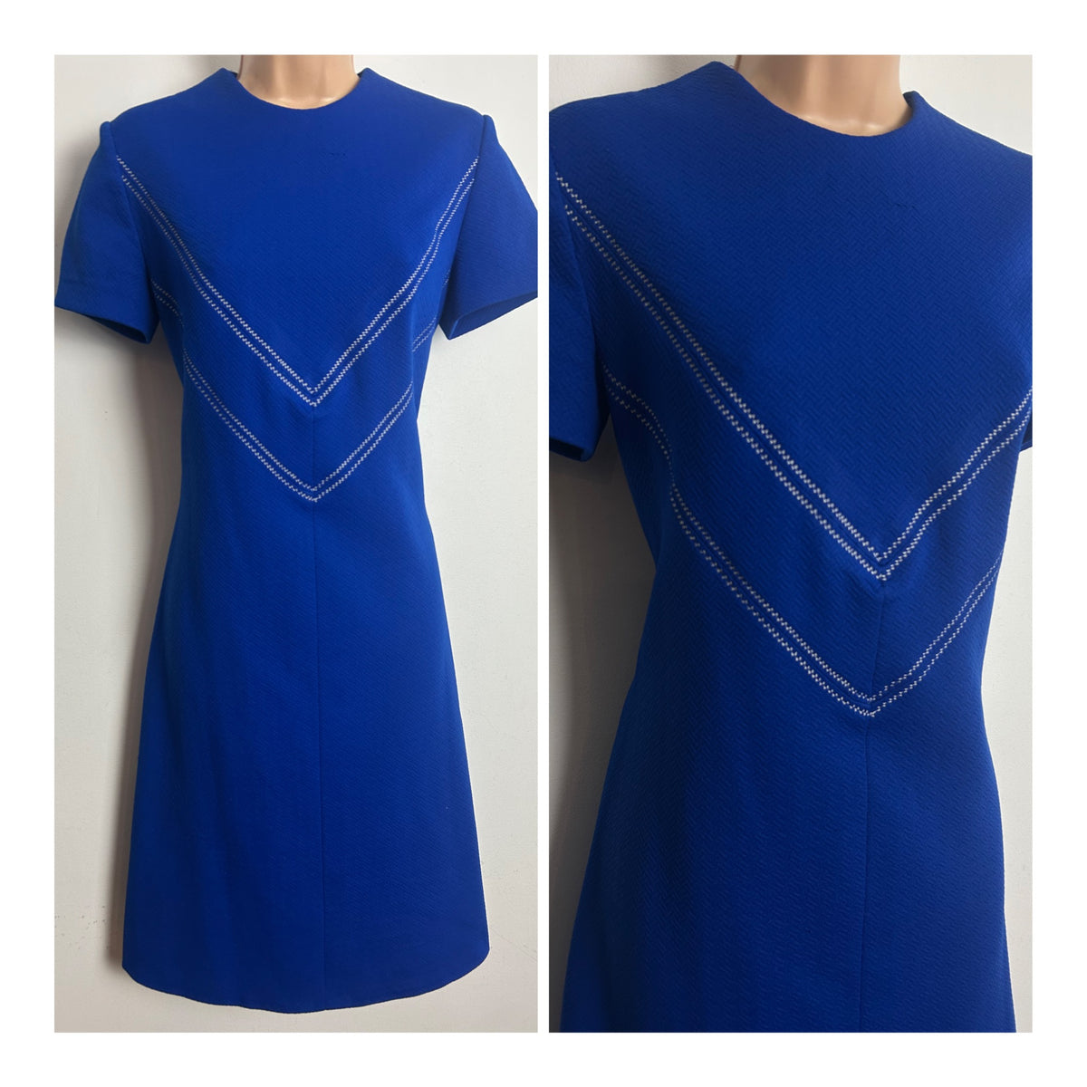 Vintage 1960s Size 10 Blue White Stich Pattern Crimplene Mod Shift Dress