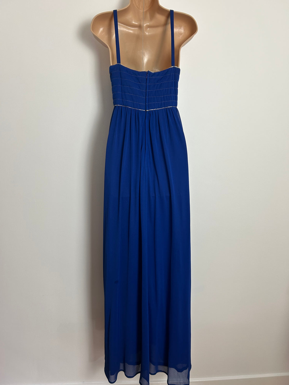 Vintage 1970s MUREK MODELL UK Size 8 Royal Blue & Gold Piping Trim Empire Line Occasion Maxi Dress
