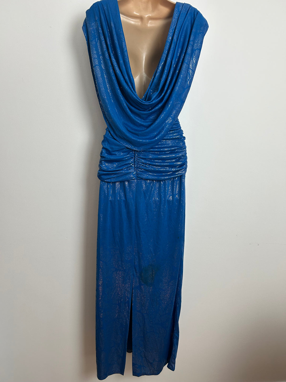Vintage Early 1980s JOHN CHARLES  Blue & Silver Drape Back Ruched Waist Evening Dress Size 12