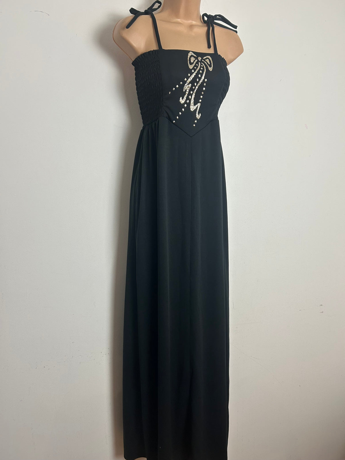 Vintage 1970s Size 10-12 Black Tie Shoulder Shirred Bodice Gold Glitter Bow Detail Maxi Dress