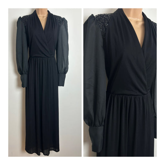 Vintage Early 1980s Size 10-12 Black Sequin Detail Long Sleeve Evening Maxi Dress
