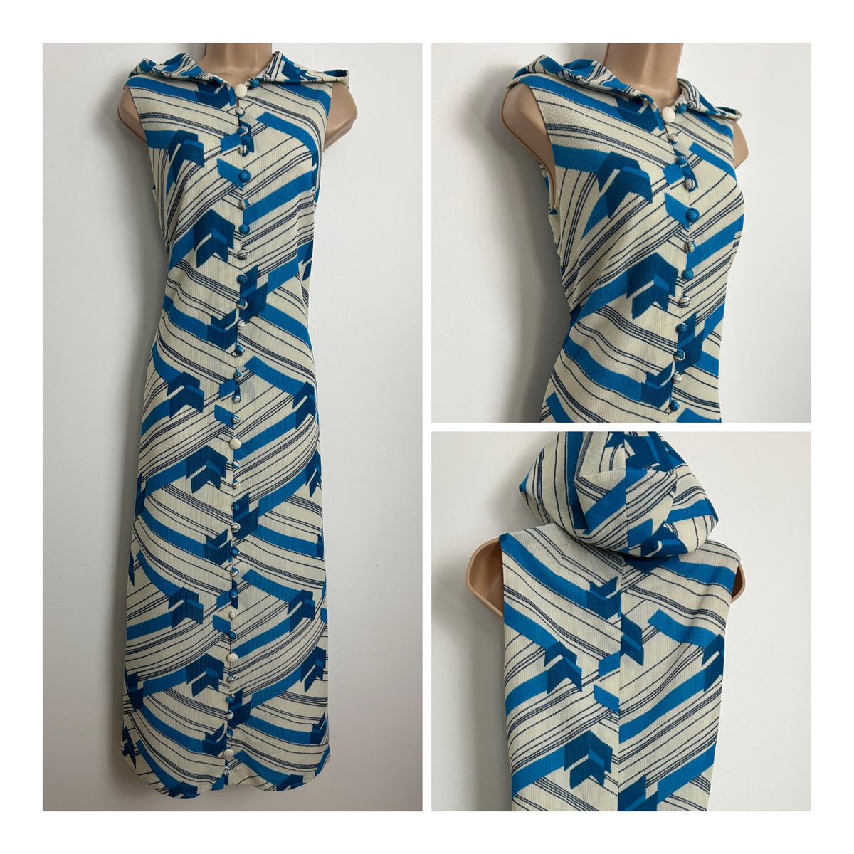 Vintage 1970s Size 8-10 White Blue & Teal Abstract Stripe Print Hooded Sleeveless Column Maxi Dress