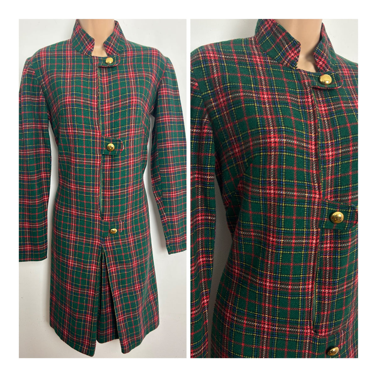Vintage 1960s Size 10 Green & Red Tartan Check Wool Mod Shift Dress