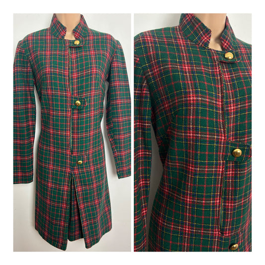 Vintage 1960s Size 10 Green & Red Tartan Check Wool Mod Shift Dress