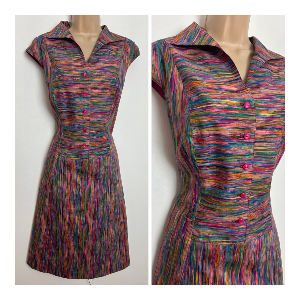 Vintage 1970s Size 10 Pink Blue Purple & Green Stripe Print Sleeveless Day Dress