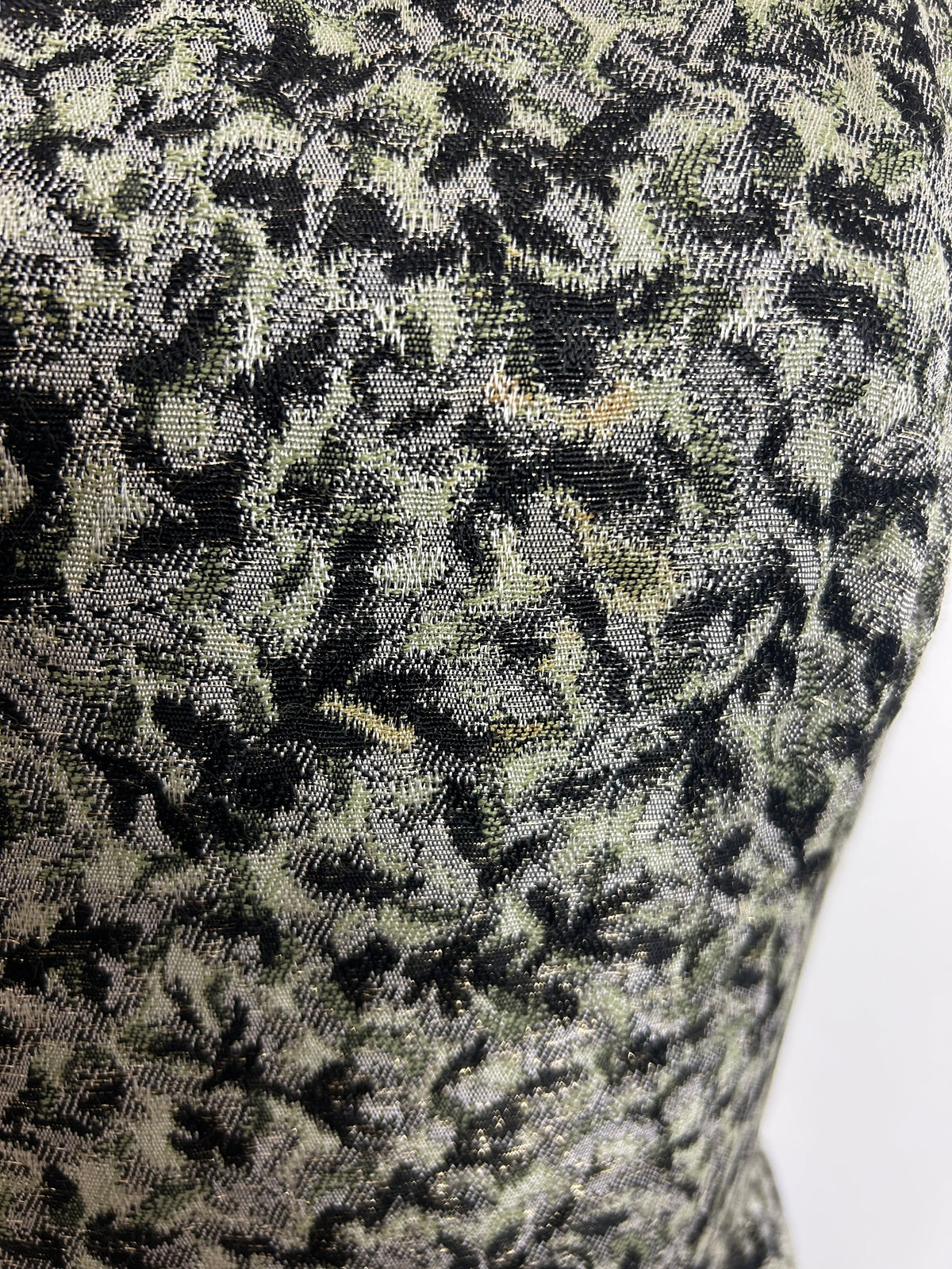 Vintage 1960s Size 8 Black Silver & Green Jacquard Metallic Thread Occasion Evening Maxi Dress
