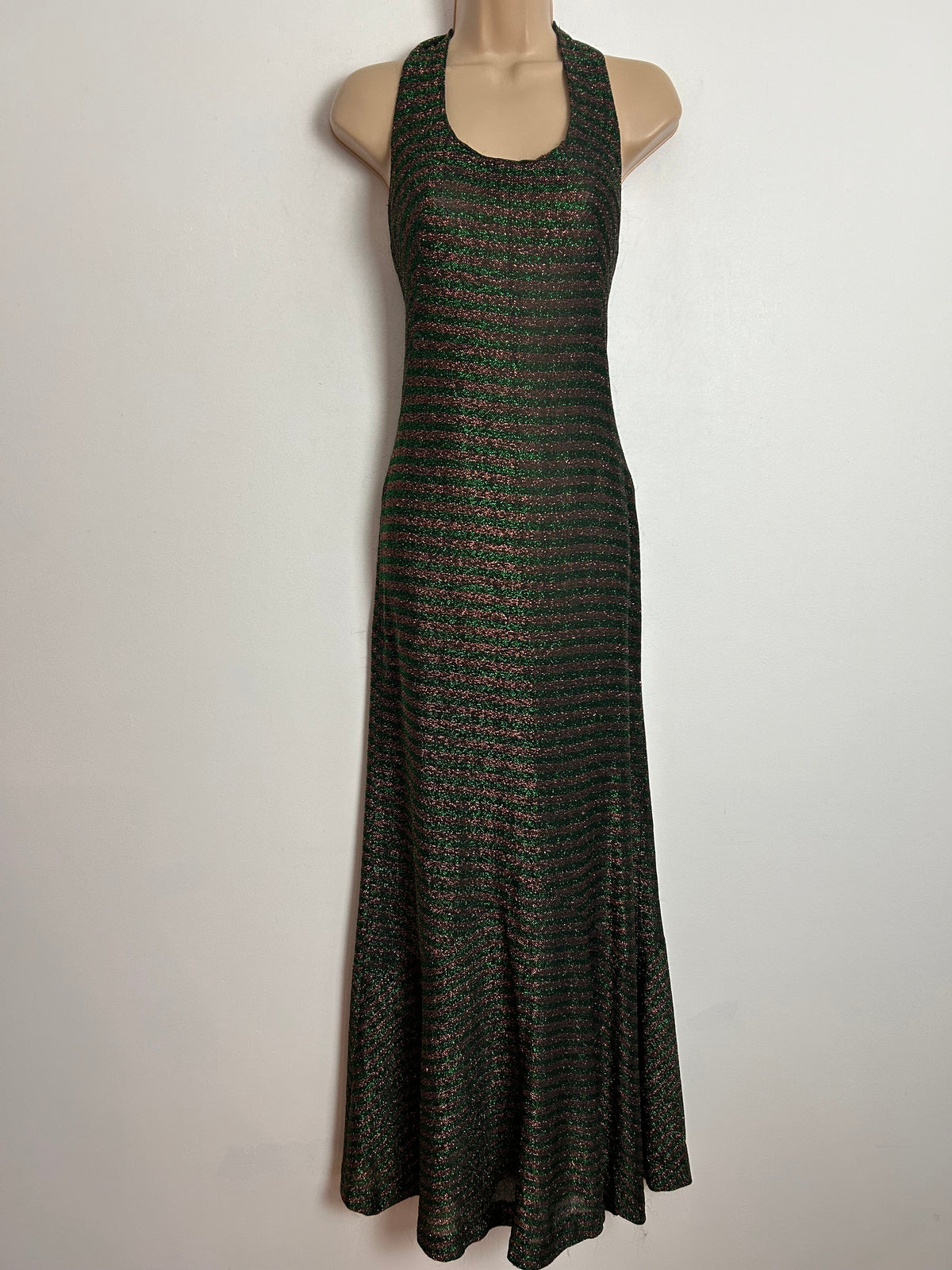 Vintage Late 1960s ARISTOS OF LONDON CARNABY ST UK Size 6 Black Bronze & Green Lurex Stripe Halterneck Occasion Maxi Dress