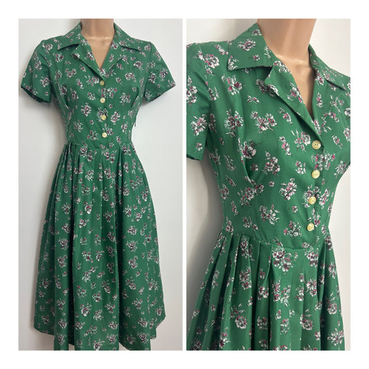 Vintage 1950s Size 8-10 Green Pink & White Floral Print Pleated Day Dress