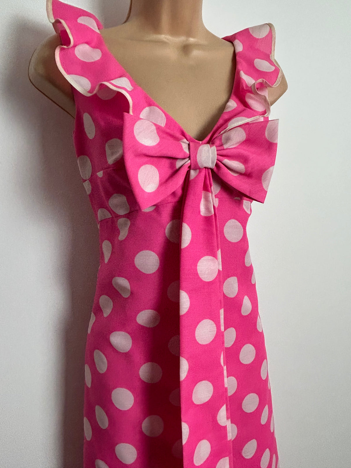 Vintage Early 1970s Size 8 Candy Pink & White Spot Print Ruffle & Bow Detail Sleeveless Maxi Dress