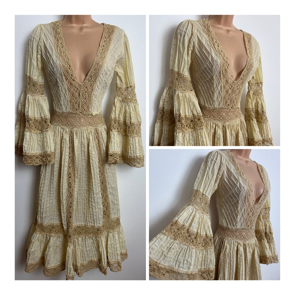 Vintage 1970s Size 6 Cream Cotton Pintuck Pleated & Lace Detailing Mexican Prairie Boho Midi Dress