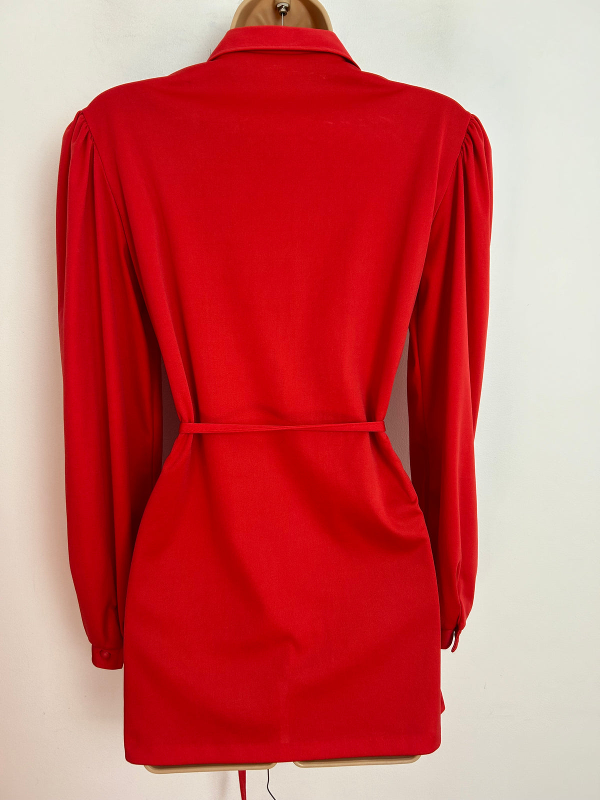 Vintage Early 1980s UK Size 10 Red Long Sleeve Belted Shirt